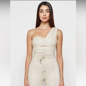 Manière De Voir Ruched Vegan Leather Bodysuit Beige size 10